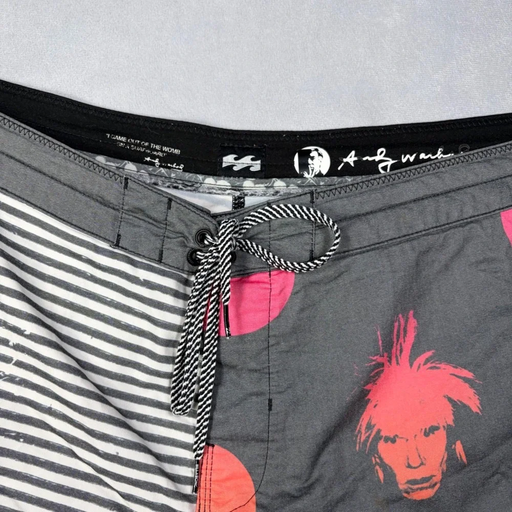 Billabong Andy Warhol Board Shorts Mens 38 Gray Pink Polka Dot Striped Trunks
